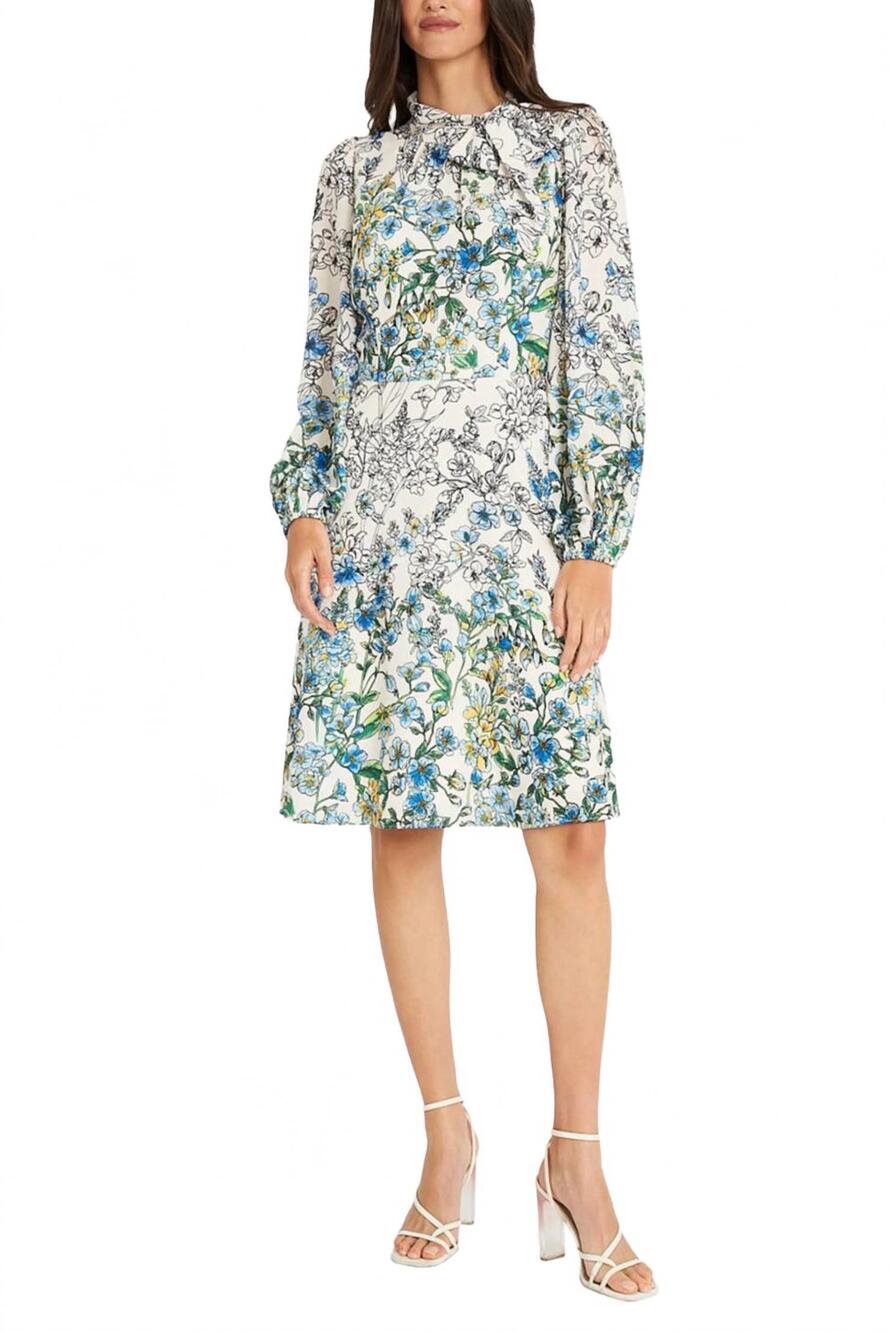 NEW MAGGY LONDON long sleeve tie neck floral dress in ivory blue